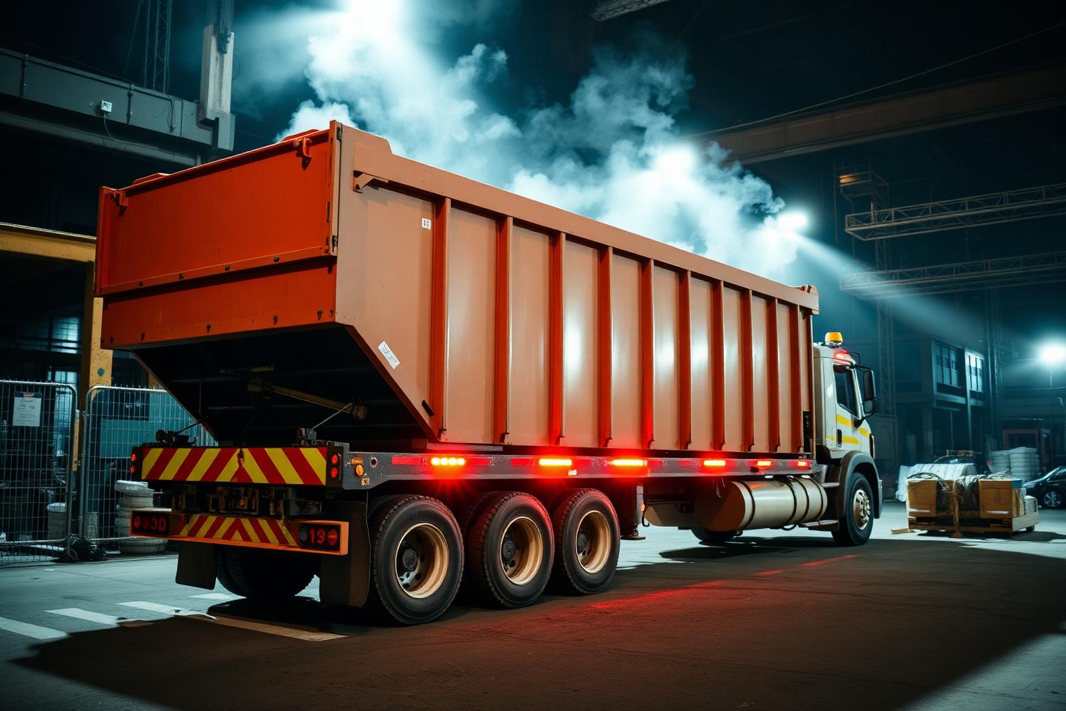 Roll-off truck loading a construction waste bin